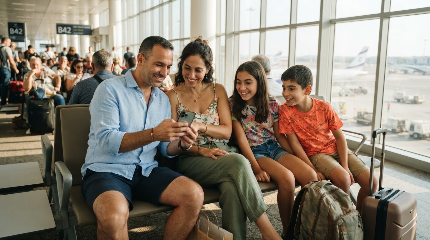 משפחה בודקת מחיר ביטוח נסיעות בטלפון בשדה התעופה